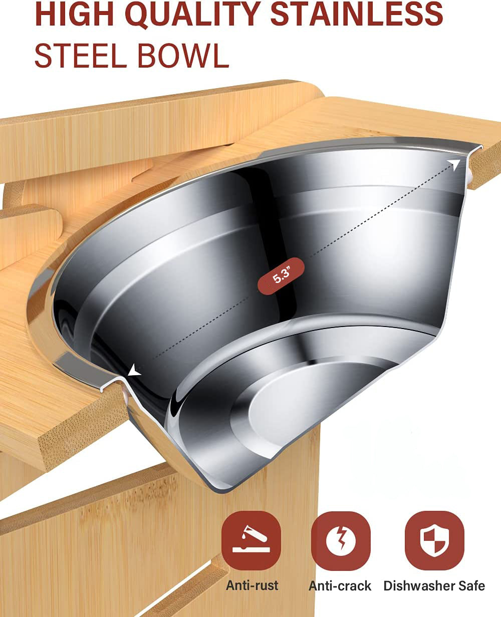 Elevated Dog Bowls for Small Dogs, Elevated Cat Bowls for Indoor Cats, Adjustable Raised Dog Bowl Stand, Raised Cat food Bowls with 2 Stainless Steel Bowls, Bamboo Dog Food Bowls with Stand