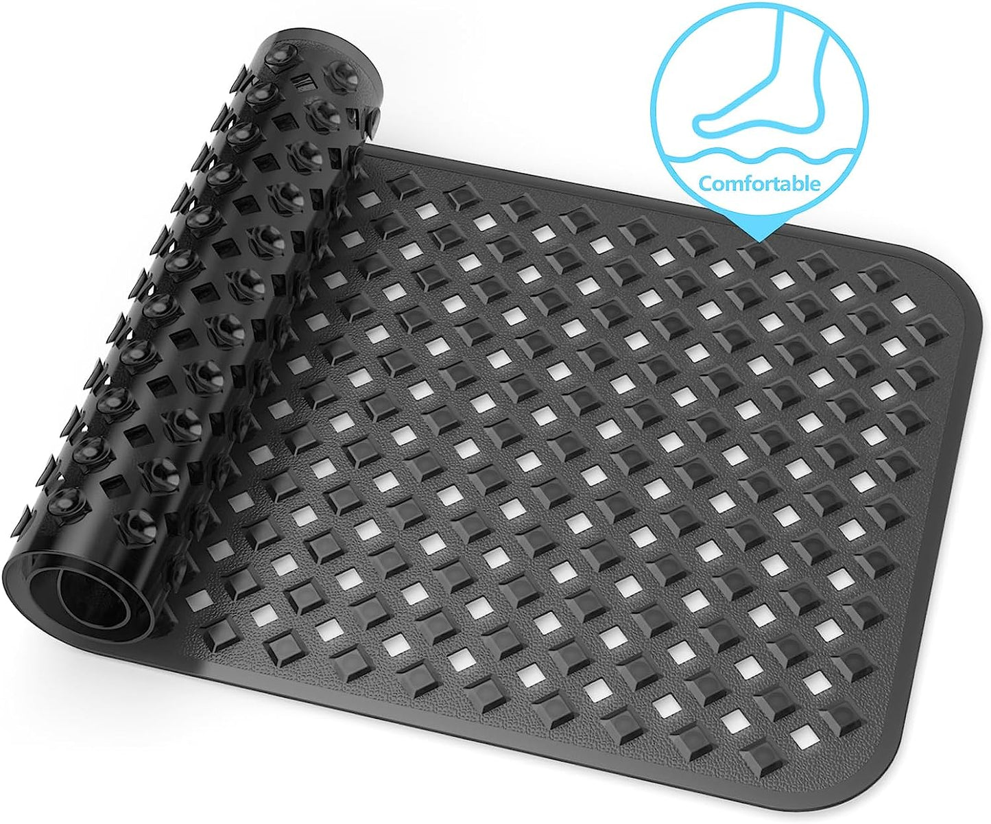 Bath Tub Mat Bath Mat for Tub Shower Mat Dinosam Bathtub Mat Non Slip 16 x 35 Extra Long Rubber Bath Mat, Suction Cups, Drain Holes, Machine Washable Bathroom Mat, Black