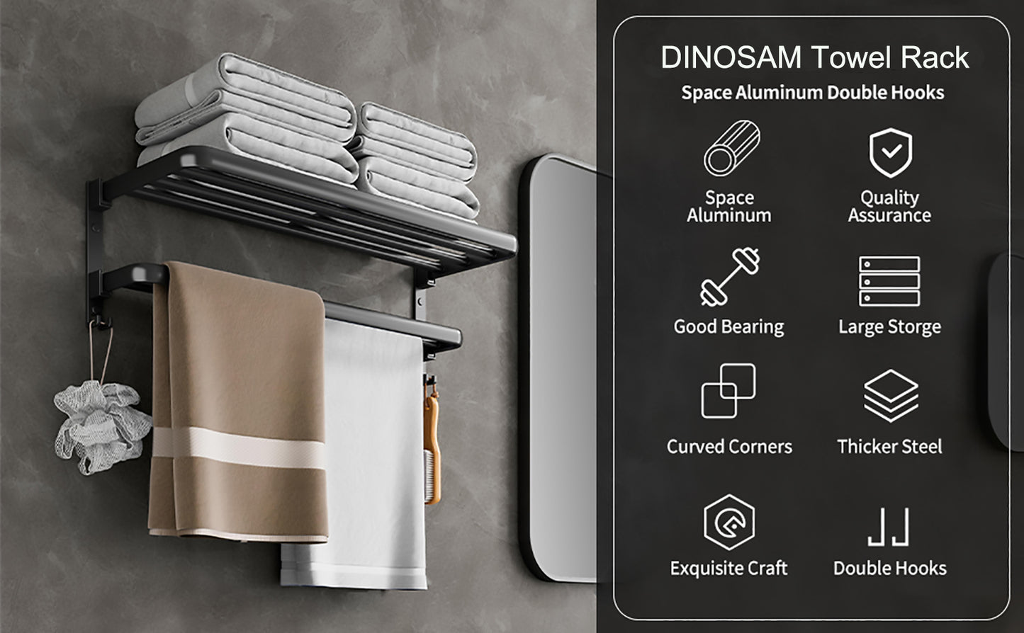 Bathroom Towel Rack Towel Shelf with Double Towel Bars Lavatory Wall Mount Holder with Hooks Stainless Steel Hotel Bath Rack (Matte Black 20 inches)