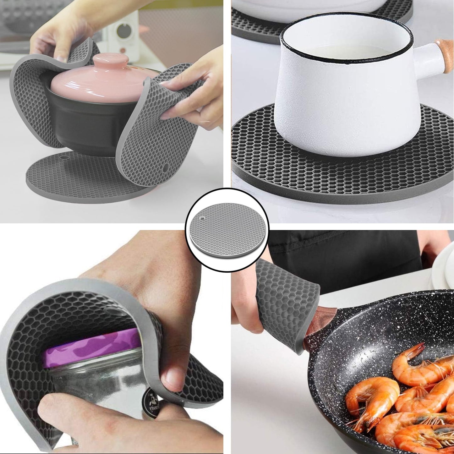 Oven Mitts and Pot Holders Sets,6pcs Pot Holders and Oven Mitts Heat Resistant, Non-Slip Silicone Mini Oven Gloves and Hot Pads for Kitchen,15" Extra Long Oven Gloves for Cooking,Gray