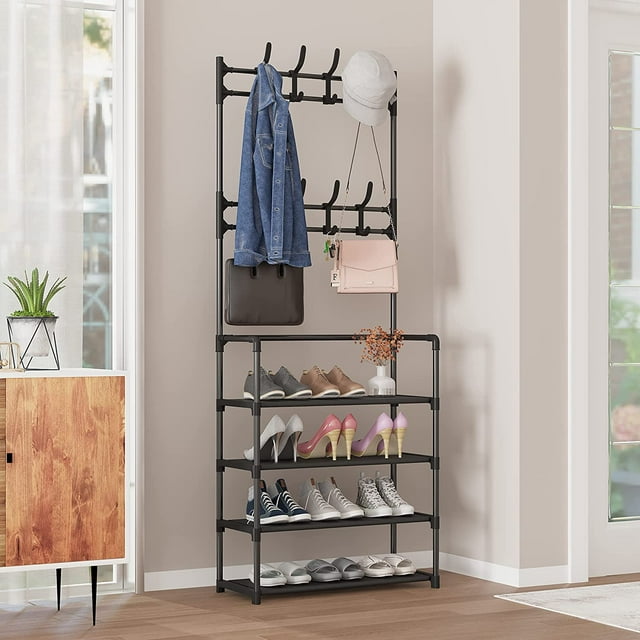 Coat Rack,Hall Tree with Bench and Shoe Storage for Entryway Bench,Coat Tree with 4-Tier Shoe Rack Organizer, 8 Removable Hooks, Black