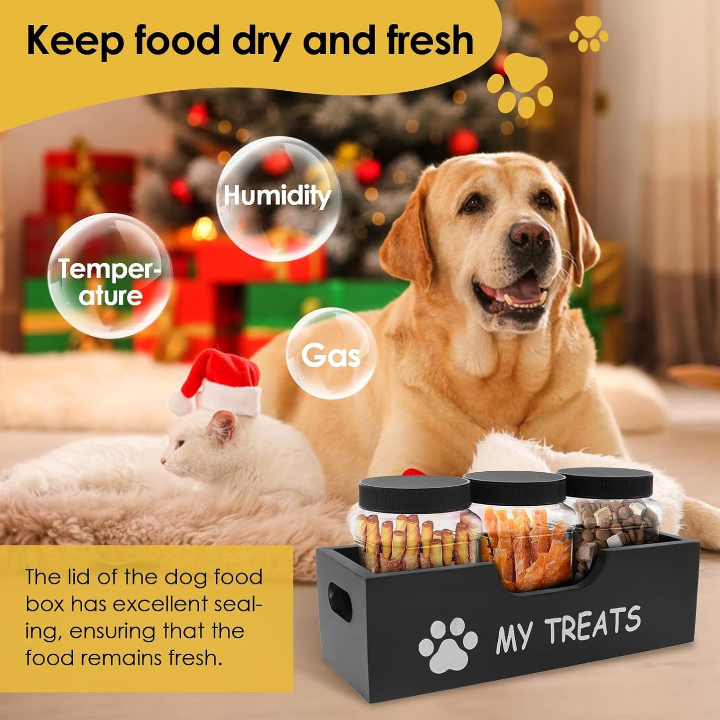 Dog Treat Container with 3 Plastic Dog Treat Jar, Dog Food Storage Container with Wooden Stand, Airtight Pet Food Storage Containers for Dogs and Cats, Dog Snacks Treat Organizer for Kitchen Counter