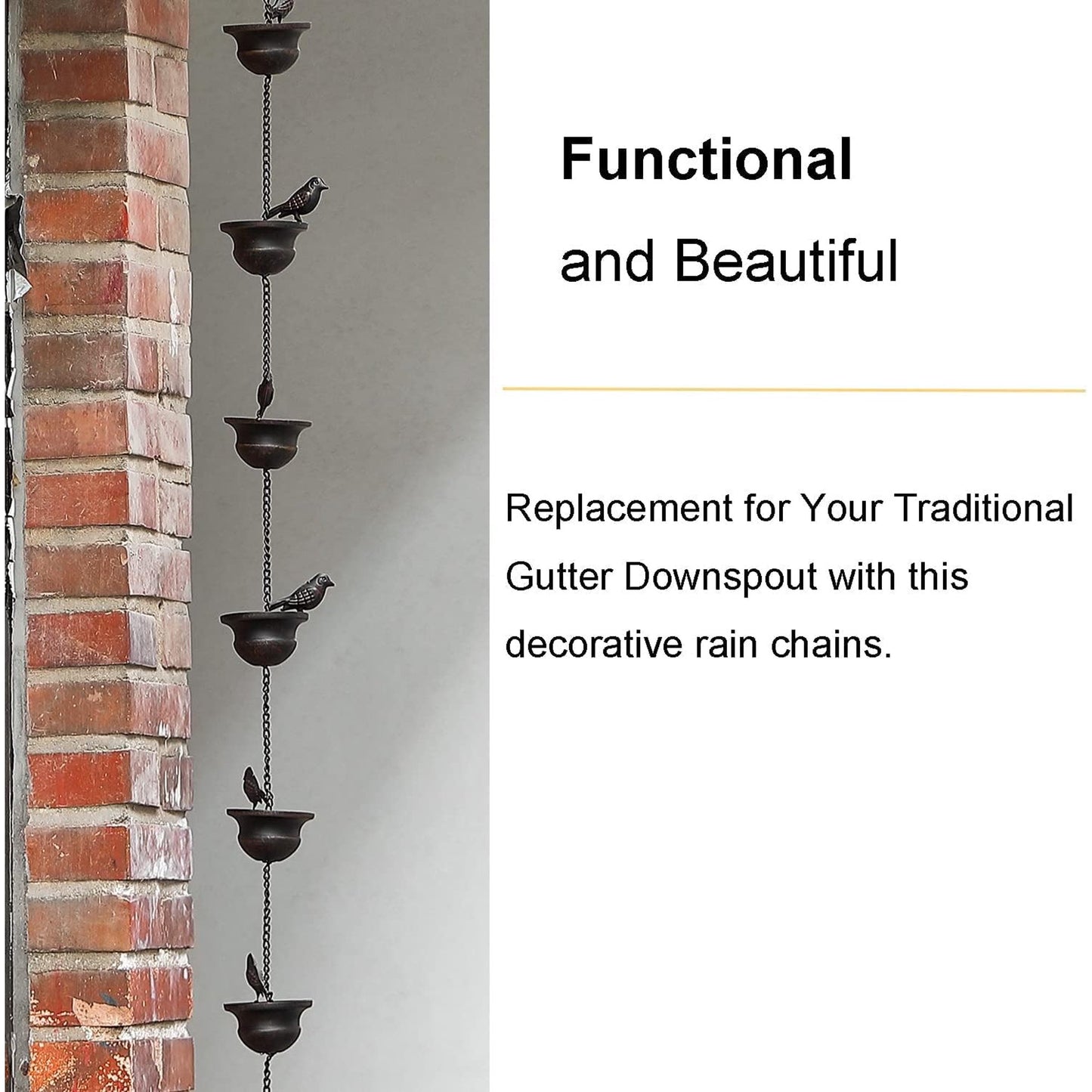 8 Feet Birds on Cup Mobile Rain Chain Mobile Bronze Decorative Bird Rain Chain Replacement Downspout Drainage Rain Chain 8 Birds Cups for Outdoor Courtyard Garden
