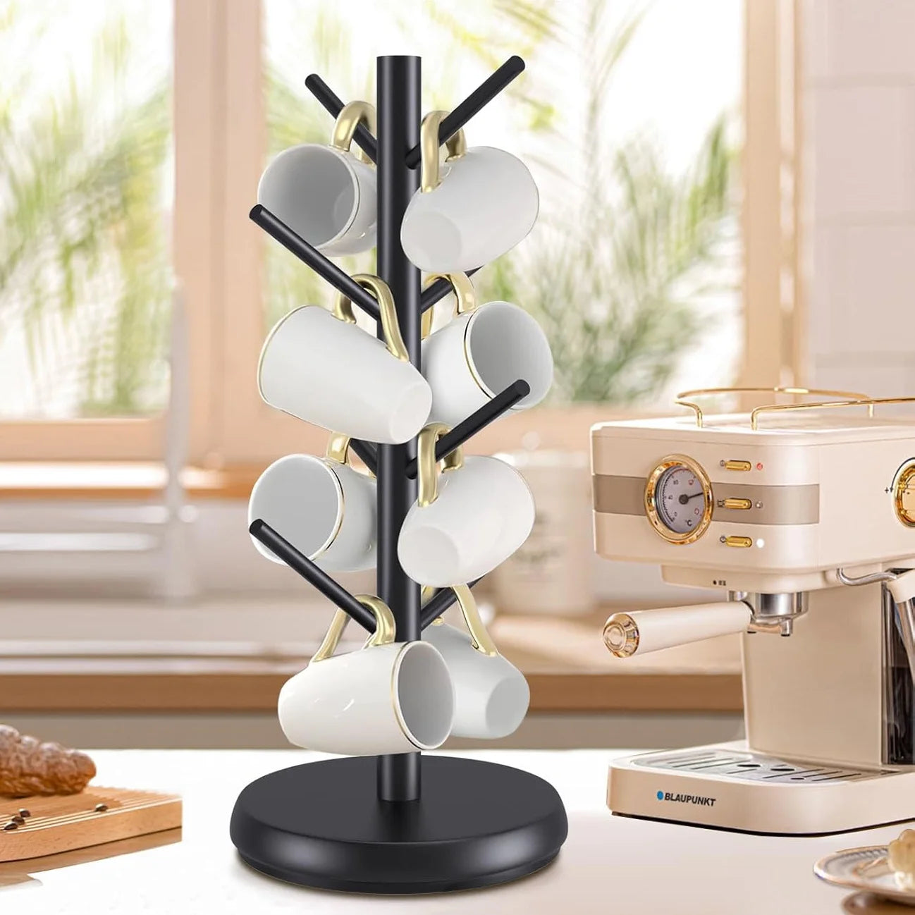 Mug Holder Tree, Domaci 360° Rotated 8 Hooks Coffee Cup Holder for Counter,Wood Coffee Mug Rack Standing for Coffee Bar Accessories and Kitchen Home Organizer (Black)