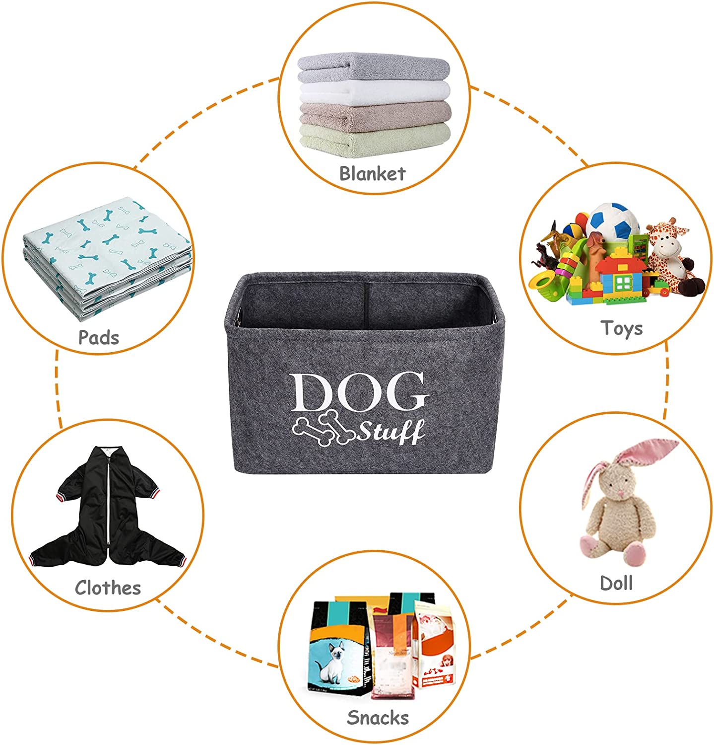 Dog Toy Baskets Dog Toy Box Dog Toy Bin with Designed Metal Handle,Dog Toy Storage Perfect for Organizing Dog Toys, Blankets, Leashes, Dry Food and Bandana,Gray