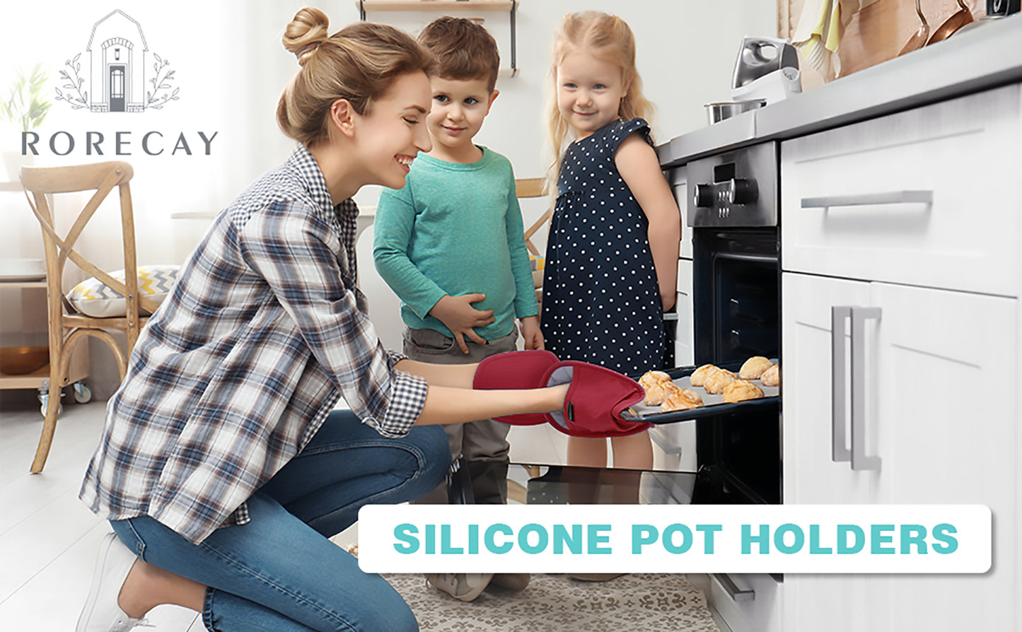 Rorecay Silicone Pot Holders Sets: Heat Resistant Oven Hot Pads with Pockets Non Slip Grip Large Potholders for Kitchen Baking Cooking | Quilted Liner | 9.8 x 7.6 Inches (Red, 2)