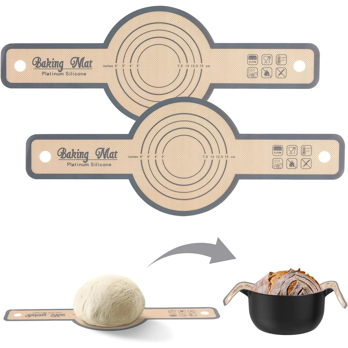 Silicone Bread Sling for Dutch Oven, 2Pcs Non-Stick Silicone Baking Mat Sling Heat Resistant Gray Dutch Oven Liner with Long Handle Reusable Silicone Baking Sheets for Transfer Dough Baking