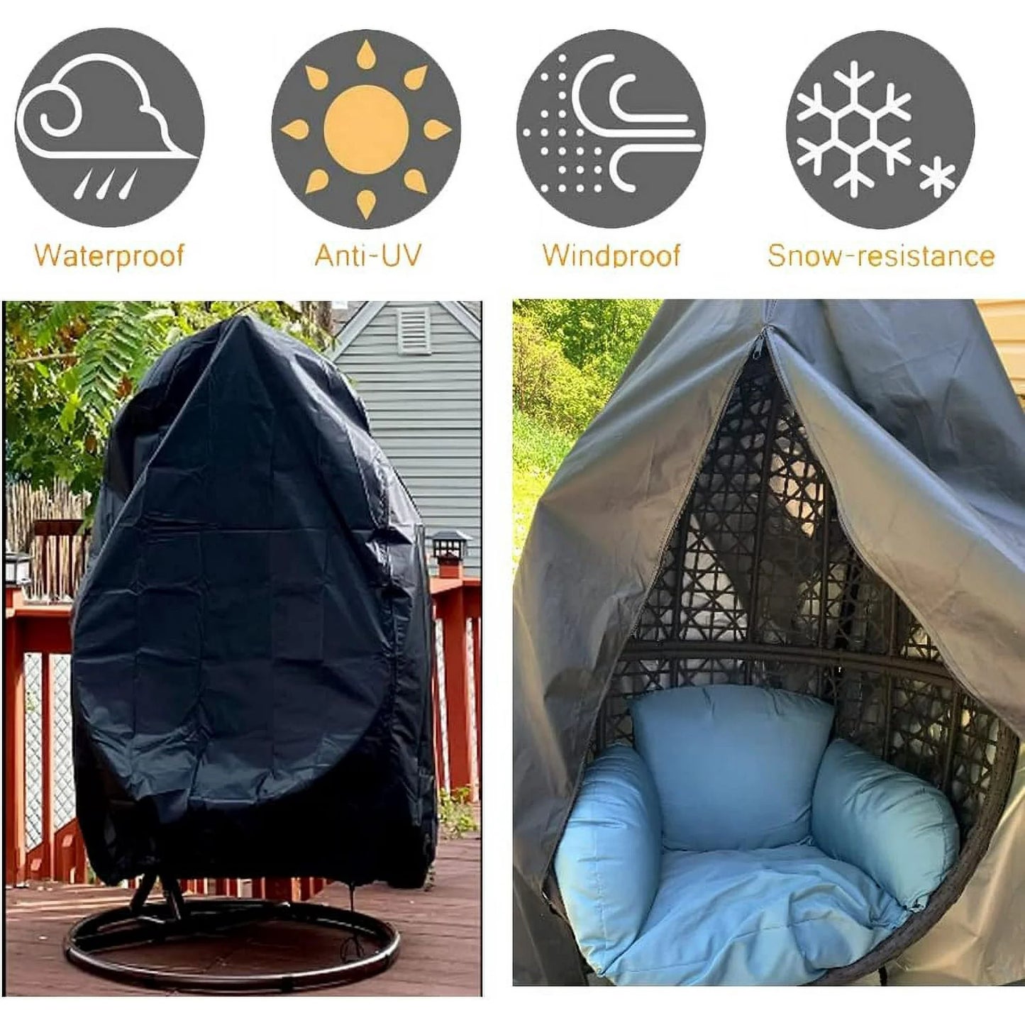 Patio Egg Chair Cover,75 x 45 in Patio Hanging Swing Chair Cover,Large Egg Swing Chair Cover Waterproof /Windproof Heavy Duty Weather Resisatnt Outdoor Furniture Cover with Zipper Drawstring,Black