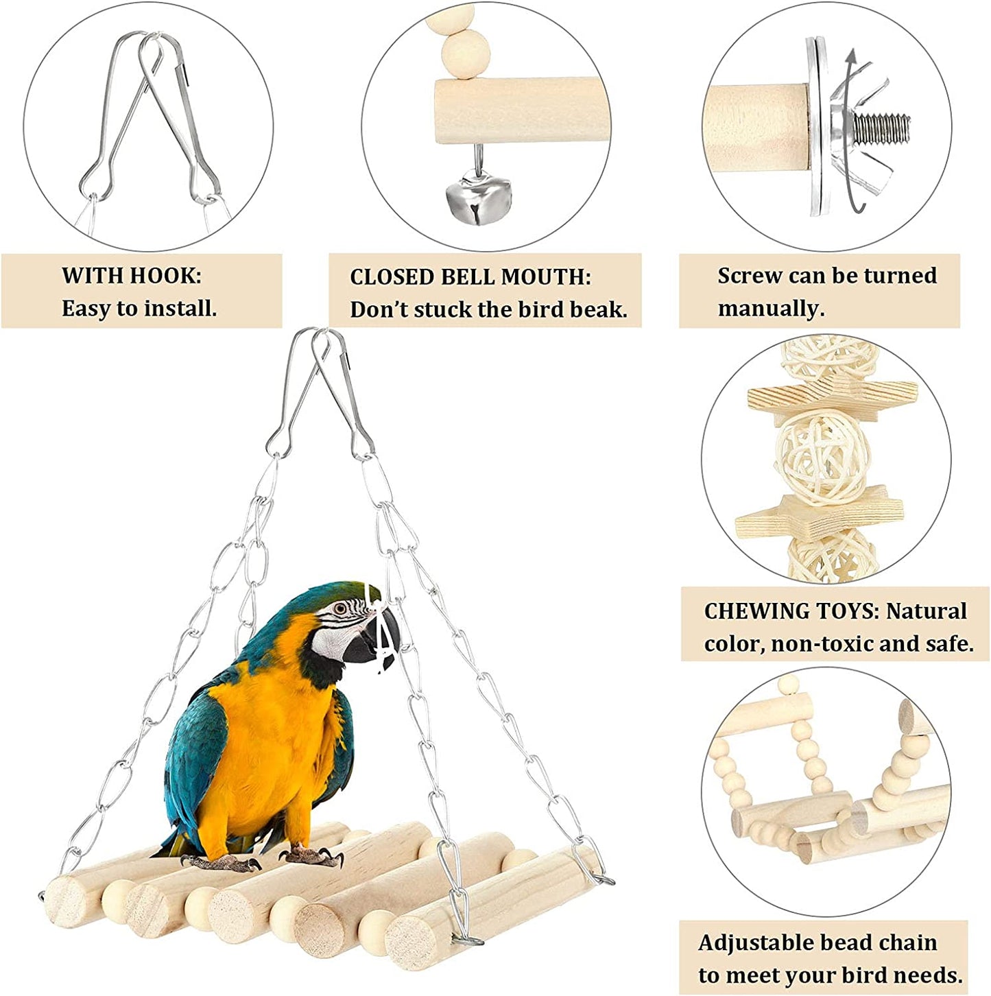 8 Pack Bird Toys for Parakeet Toys for Bird Cage Accessories Parakeets Swing Chewing Toys, Dinosam Wooden Bird Toys for Cage Parrots Toys, Bird Training Toys, Parrot Hanging Swing