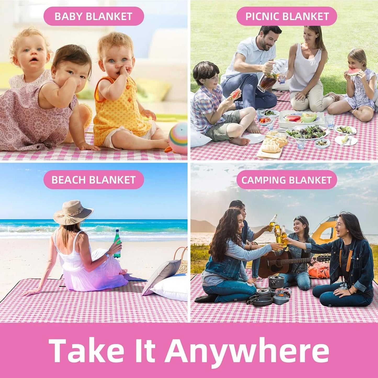 Picnic Blanket Extra Large Beach Blanket Waterproof Sandproof Beach Mat (80"x80"),0.34in Thickening Outdoor Blanket,Foldable Washable Camping Blanket,Wear-Resistant,Soft & Comfortable,Pink & White