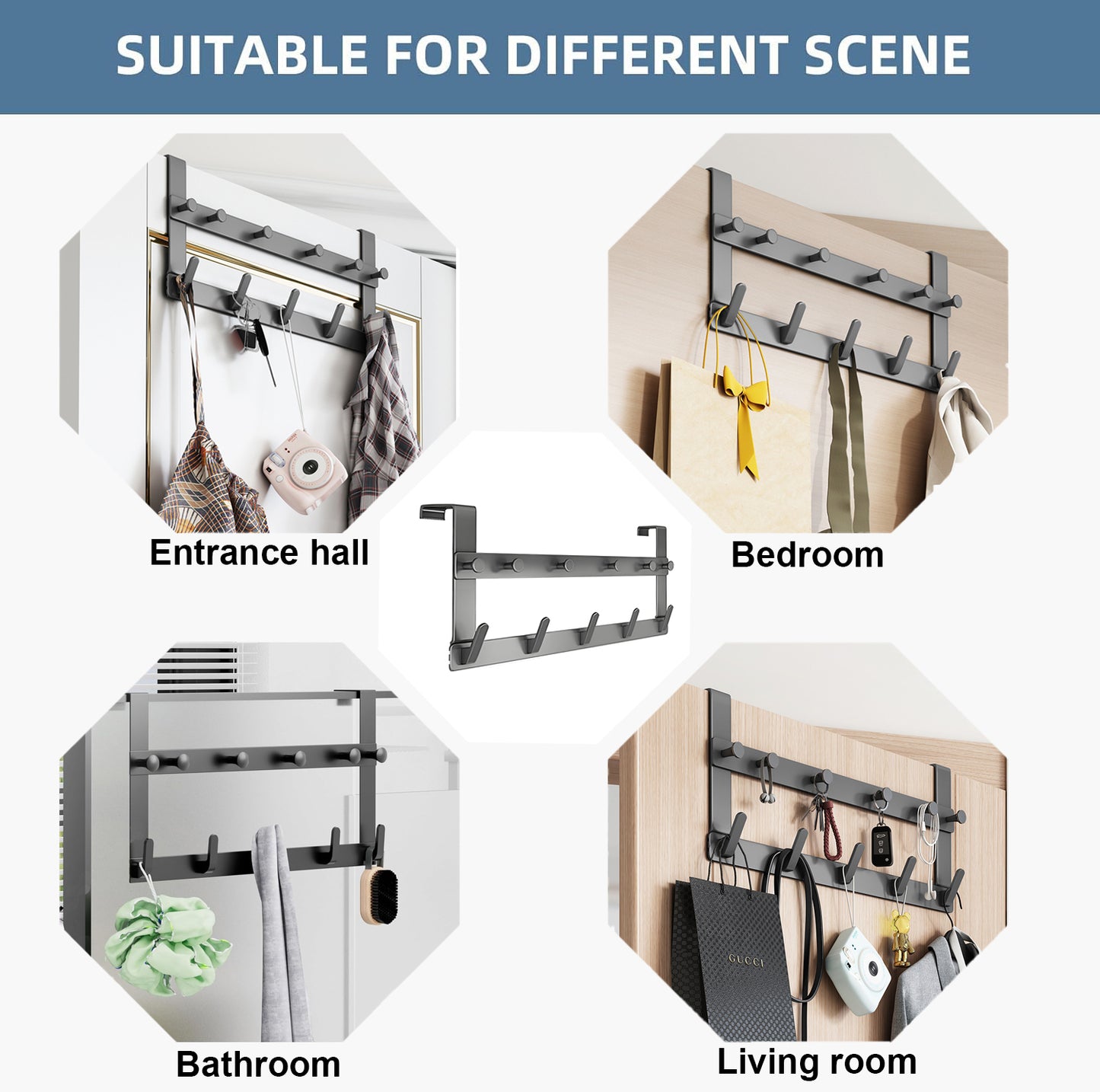 Over Door Hooks, Over Door Hanger, Double Row Hook Behind The Door, Over Door Hook Hanger with 11 Hooks, Heavy Duty Coat Hooks and Racks, Assembly-Free Over Door Hanger, Gray