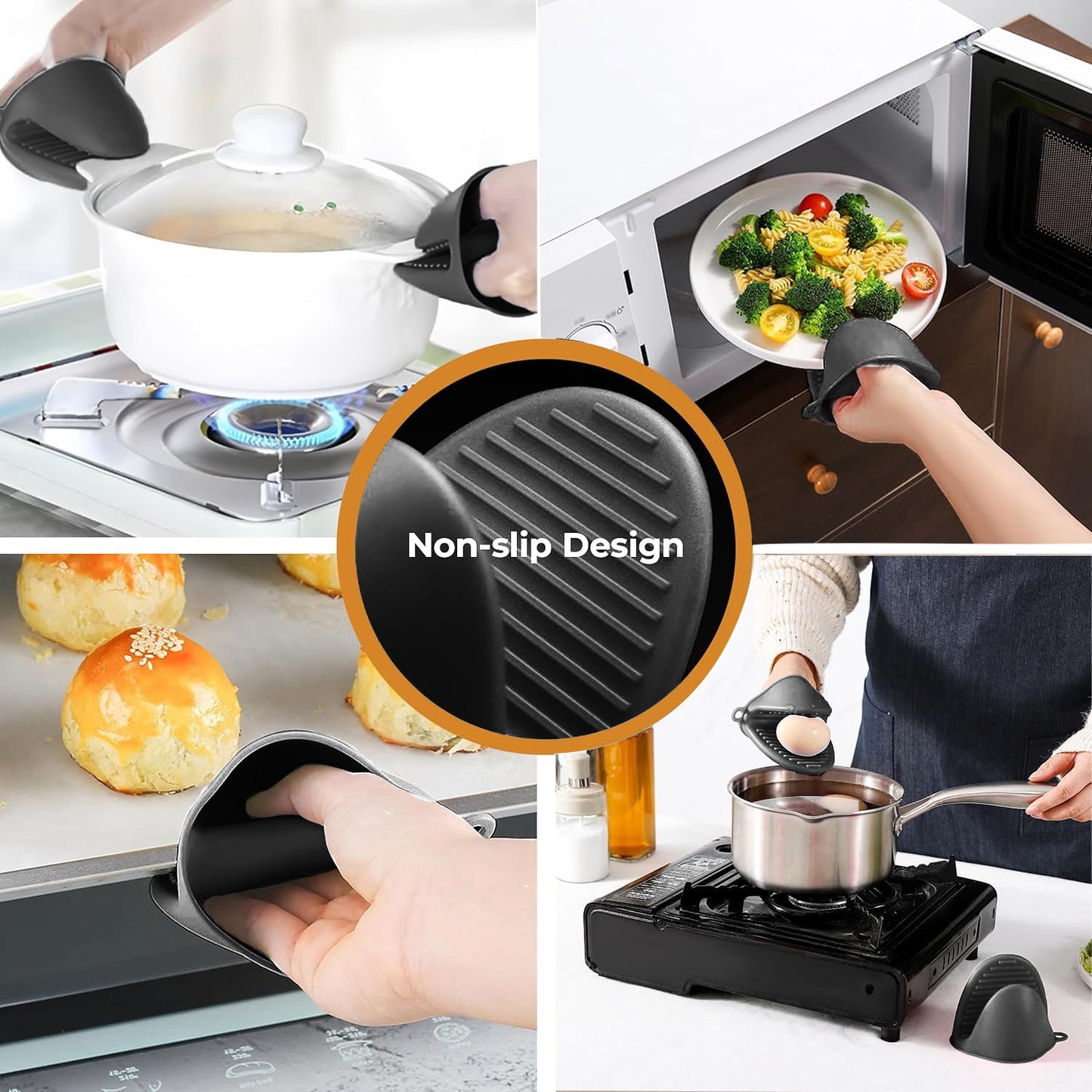 Oven Mitts and Pot Holders Sets,6pcs Pot Holders and Oven Mitts Heat Resistant, Non-Slip Silicone Mini Oven Gloves and Hot Pads for Kitchen,15" Extra Long Oven Gloves for Cooking,Black