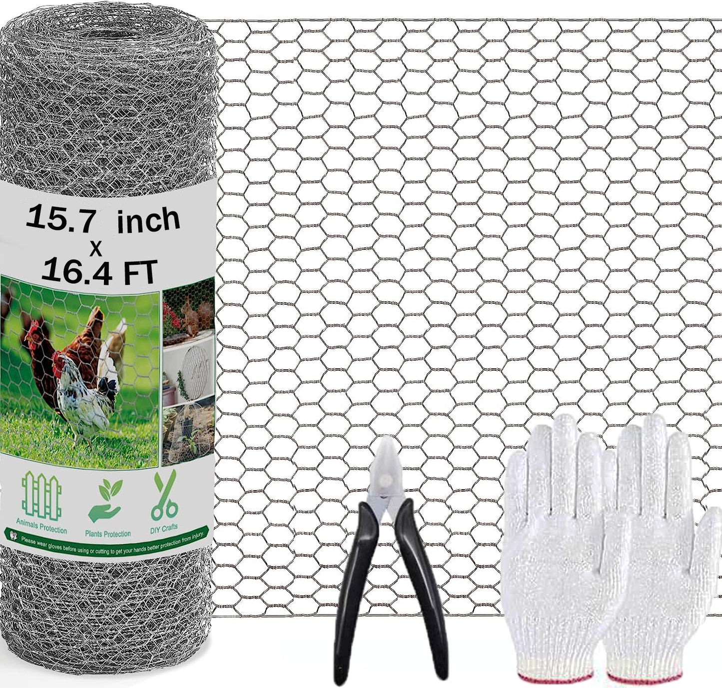 Chicken Wire Fencing Mesh,15.7in x 16.4ft Chicken Wire Net for Craft, Chicken Wire Fence Mesh with Plier, Protective Gloves for Crafts Garden Poultry Chicken Coops Rabbit Rodent Cage