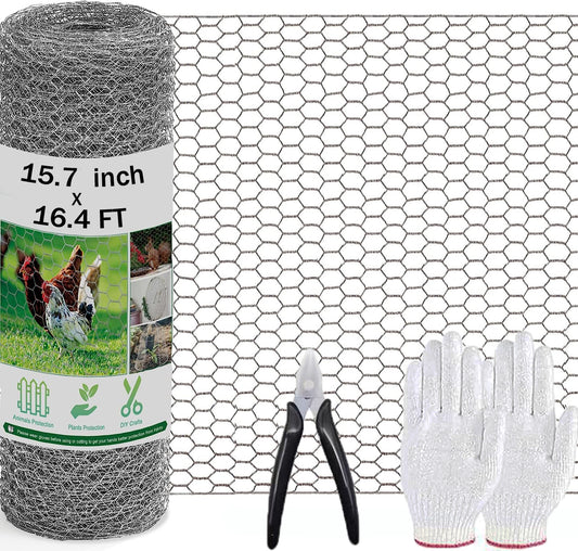 Chicken Wire Fencing Mesh,15.7in x 16.4ft Chicken Wire Net for Craft, Chicken Wire Fence Mesh with Plier, Protective Gloves for Crafts Garden Poultry Chicken Coops Rabbit Rodent Cage