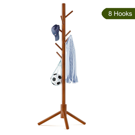 Coat Rack Stand Hat Rack Stand, Dinosam Wooden Coat Rack Freestanding Coat Hanger and Hat Holder with 8 Hooks, Sturdy Hat Hanger Entryway Hall Tree for Clothes/Bags/Hats, Elegant, Brown