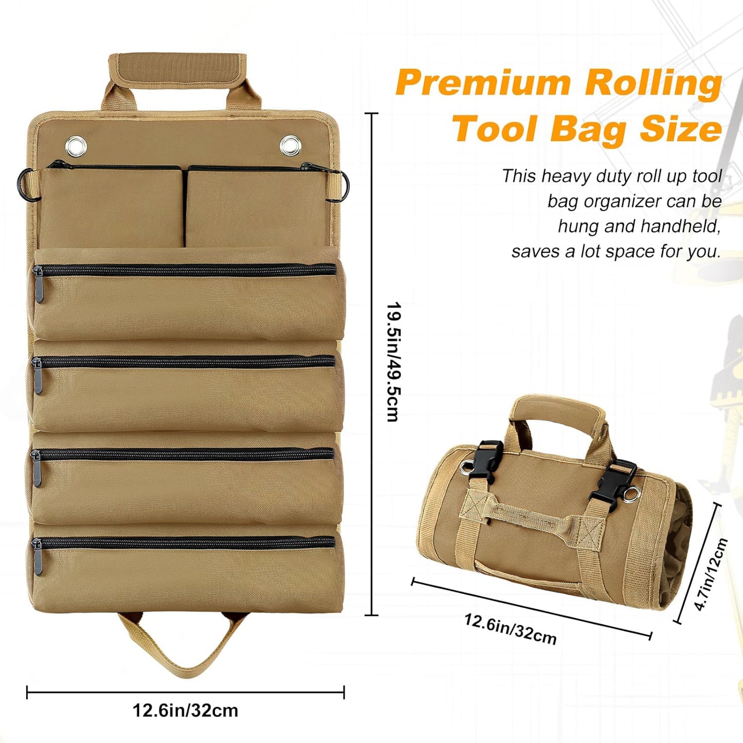 Tool Roll Up Pouch,Small Tool Bags,Electricians Tool Pouch: 6 Tool Pouches,Roll Up Tool Bag with 2 Detachable Tool Pouches,Craftsman Tool Bags for Men,Rolling Tool Bag for Mechanics,Hobbyists (Khaki)