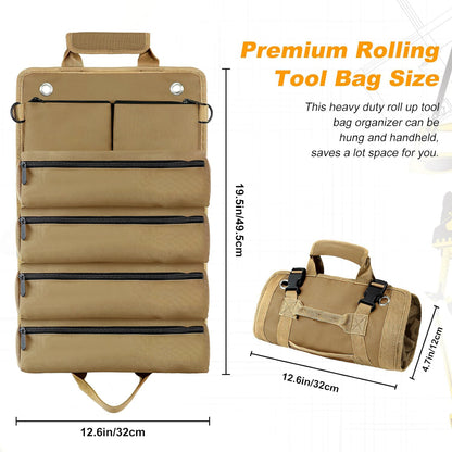 Tool Roll Up Pouch,Small Tool Bags,Electricians Tool Pouch: 6 Tool Pouches,Roll Up Tool Bag with 2 Detachable Tool Pouches,Craftsman Tool Bags for Men,Rolling Tool Bag for Mechanics,Hobbyists (Khaki)