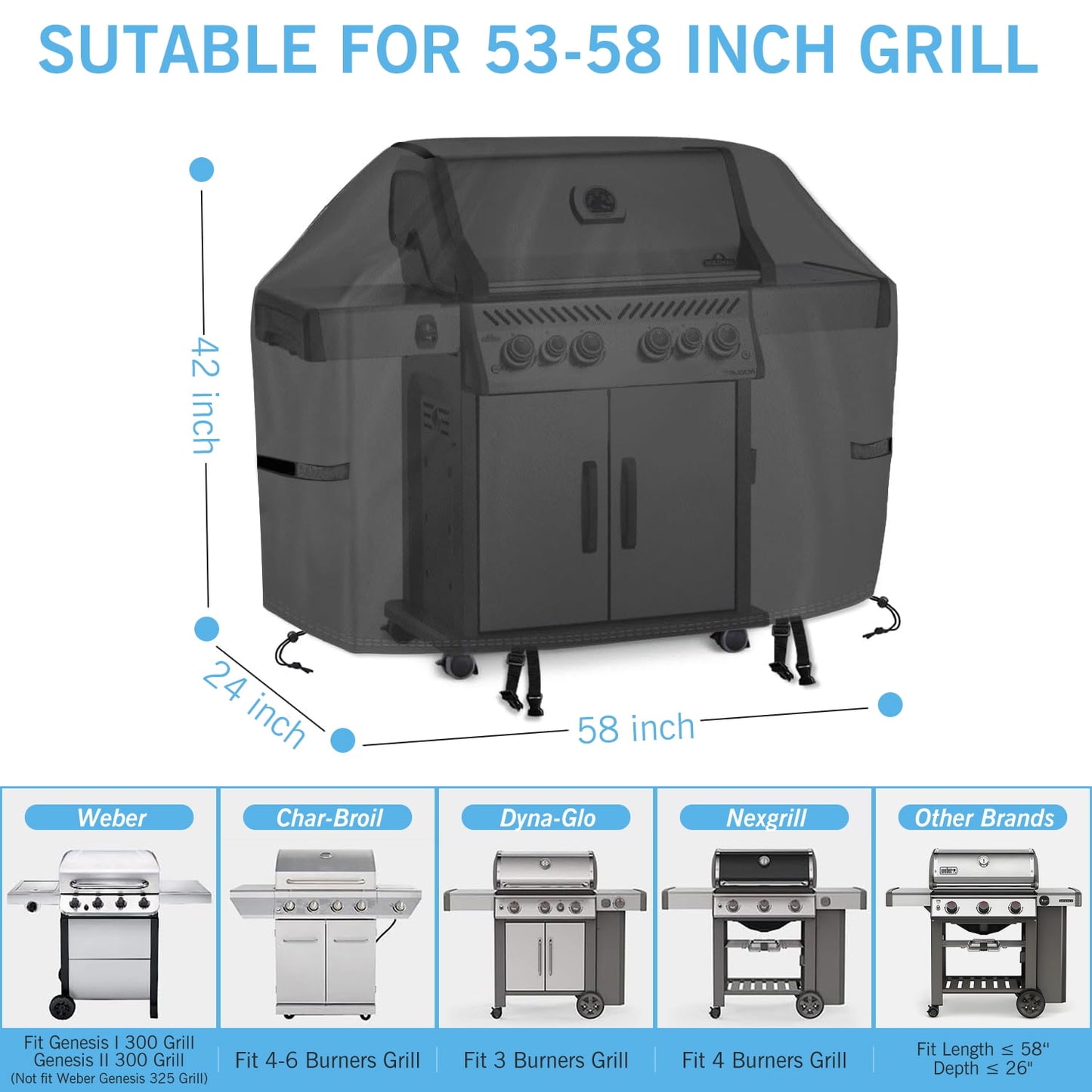 Grill Cover for Outdoor Grill,Heavy Duty Waterproof Oxford Fabric BBQ Cover,Teencool 58" Gas Grill Covers for Outside with Adjustable Drawstring & Strip,2 Handles,Storage Bag