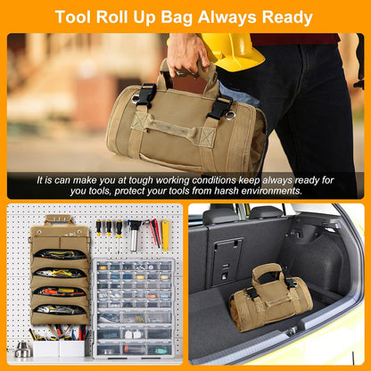 Tool Roll Up Pouch,Small Tool Bags,Electricians Tool Pouch: 6 Tool Pouches,Roll Up Tool Bag with 2 Detachable Tool Pouches,Craftsman Tool Bags for Men,Rolling Tool Bag for Mechanics,Hobbyists (Khaki)
