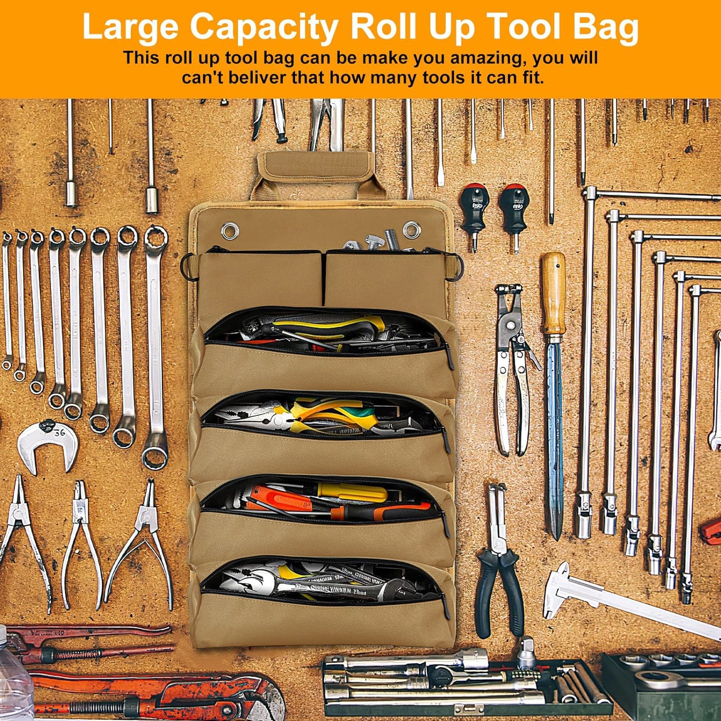 Tool Roll Up Pouch,Small Tool Bags,Electricians Tool Pouch: 6 Tool Pouches,Roll Up Tool Bag with 2 Detachable Tool Pouches,Craftsman Tool Bags for Men,Rolling Tool Bag for Mechanics,Hobbyists (Khaki)
