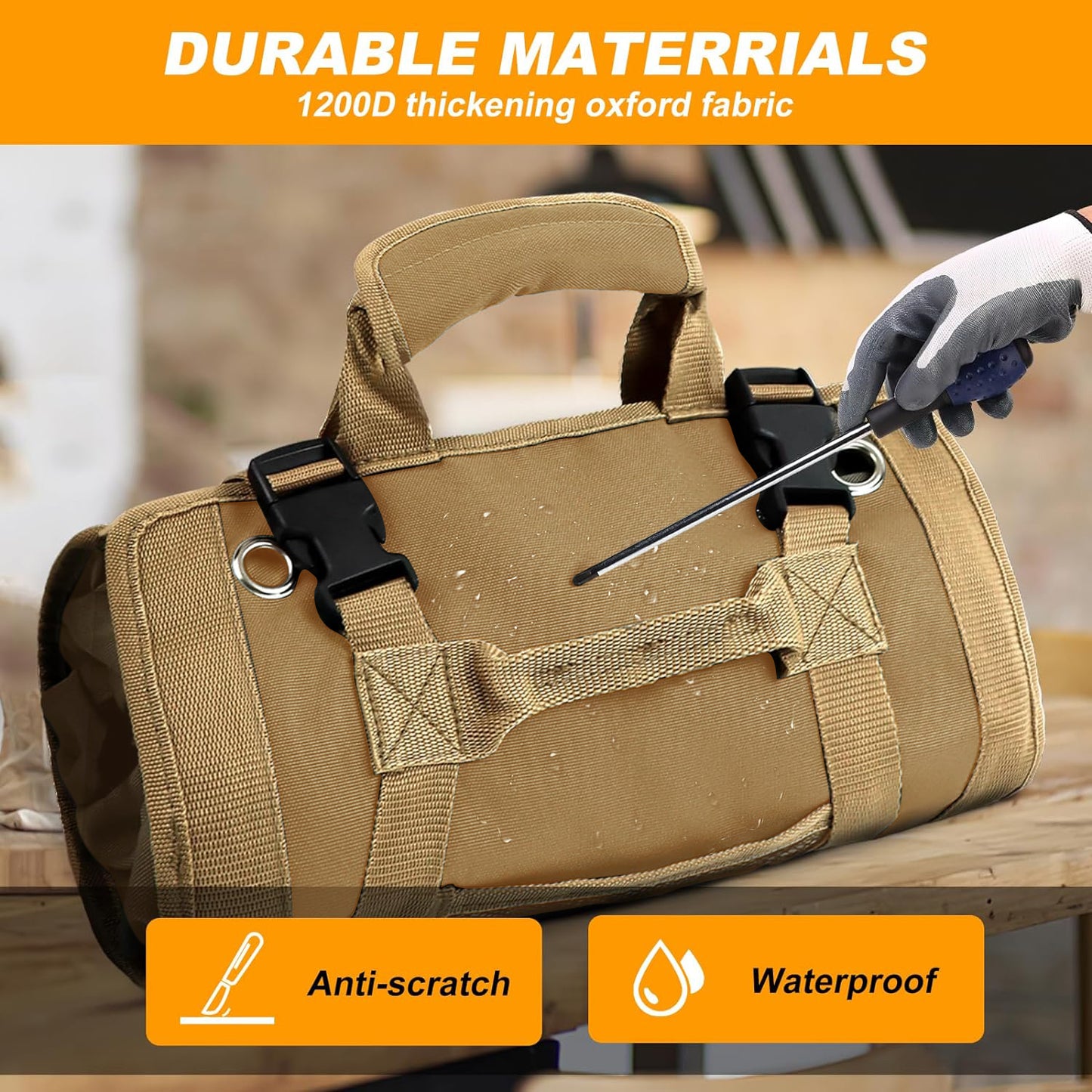 Tool Roll Up Pouch,Small Tool Bags,Electricians Tool Pouch: 6 Tool Pouches,Roll Up Tool Bag with 2 Detachable Tool Pouches,Craftsman Tool Bags for Men,Rolling Tool Bag for Mechanics,Hobbyists (Khaki)