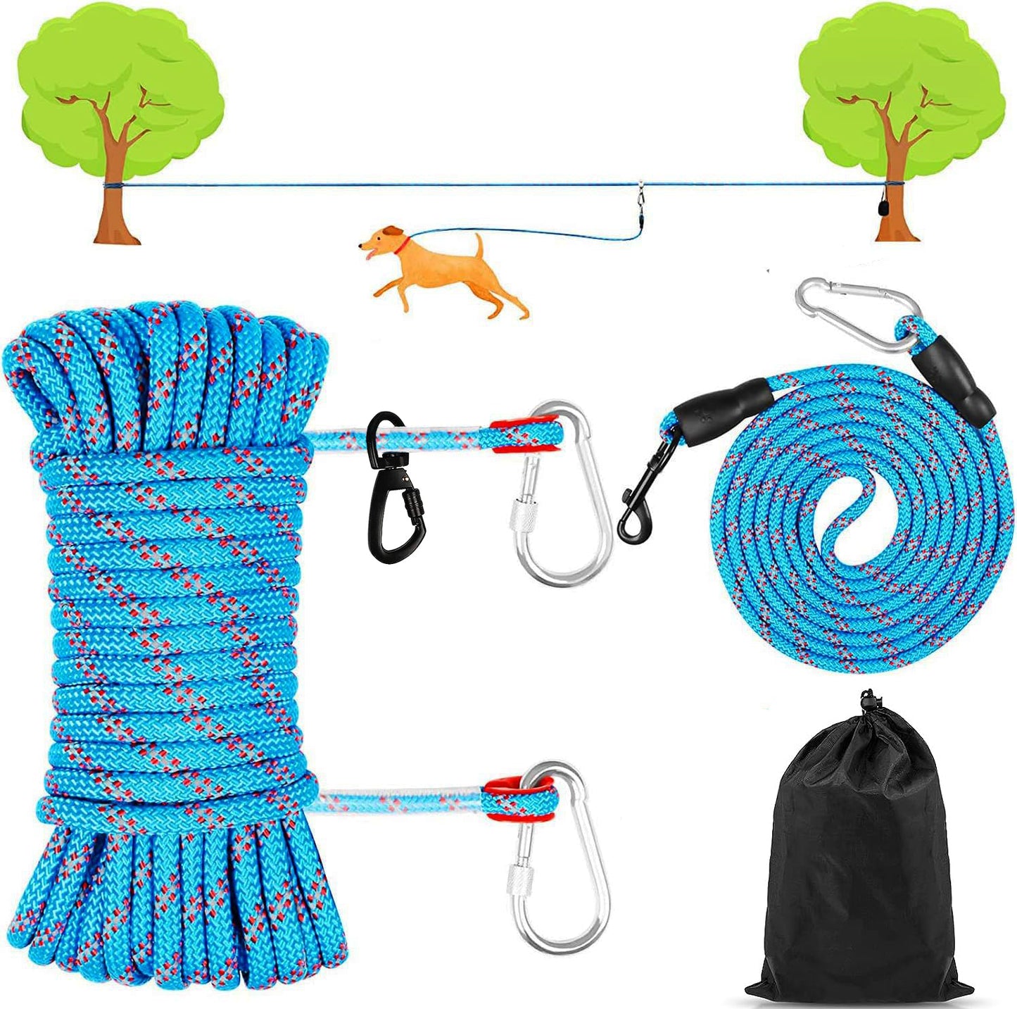 50ft Dog Tie Out Cable for Camping with 10ft Dog Lead for Dog Run,Long Leash for Dogs Outside Reflective Dog Chains for Outside with 360° Tangle Free &Heavy-Duty Clasp for Dogs Up to 125 Lbs