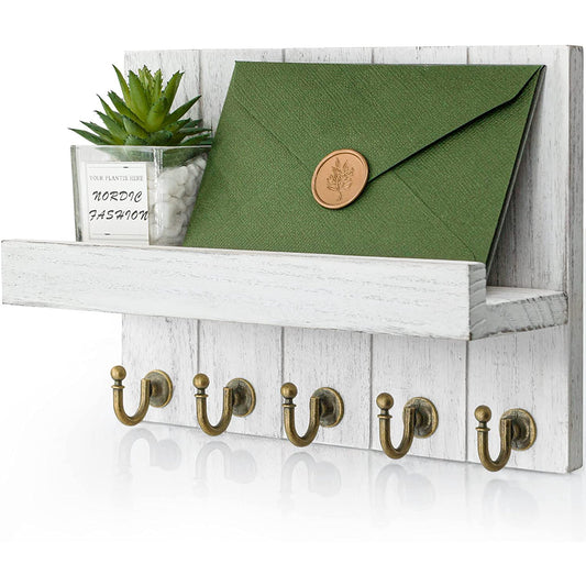 Key Holder for Wall, Mail Organizer Wall Mount with 5 Sturdy Key Hooks, Key Organizer Entryway Wall Decor, White