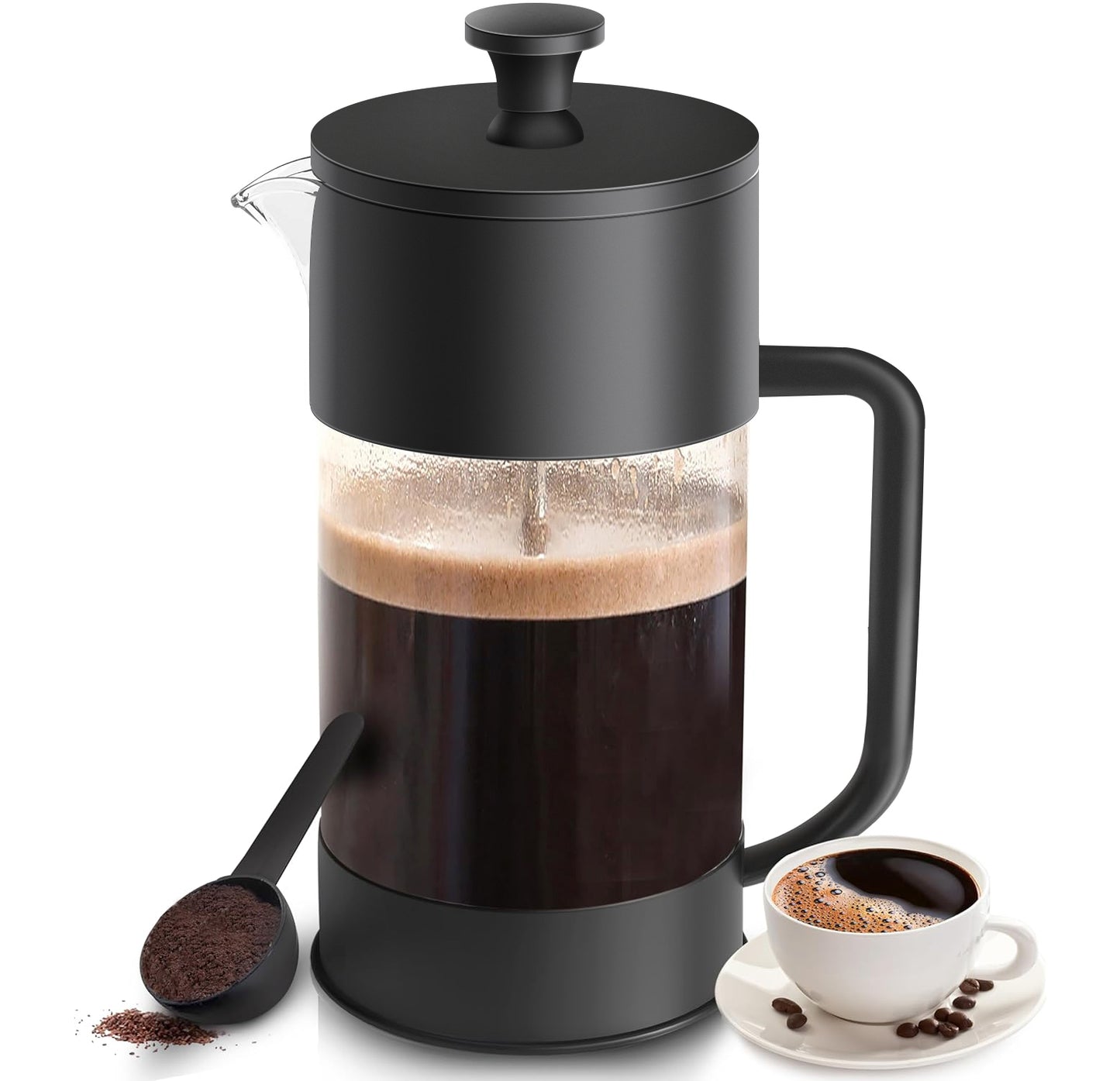 21 Ounce French Press Coffee Maker, 4-Cup Espresso Coffee Maker, Grey Cold Brew Heat Resistant Thickened Borosilicate Coffee Pot with 3 Stainless Steel Filtration System