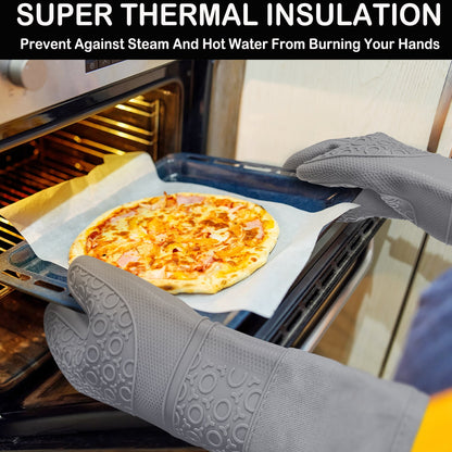 Oven Mitts and Pot Holders Sets,6pcs Pot Holders and Oven Mitts Heat Resistant, Non-Slip Silicone Mini Oven Gloves and Hot Pads for Kitchen,15" Extra Long Oven Gloves for Cooking,Gray