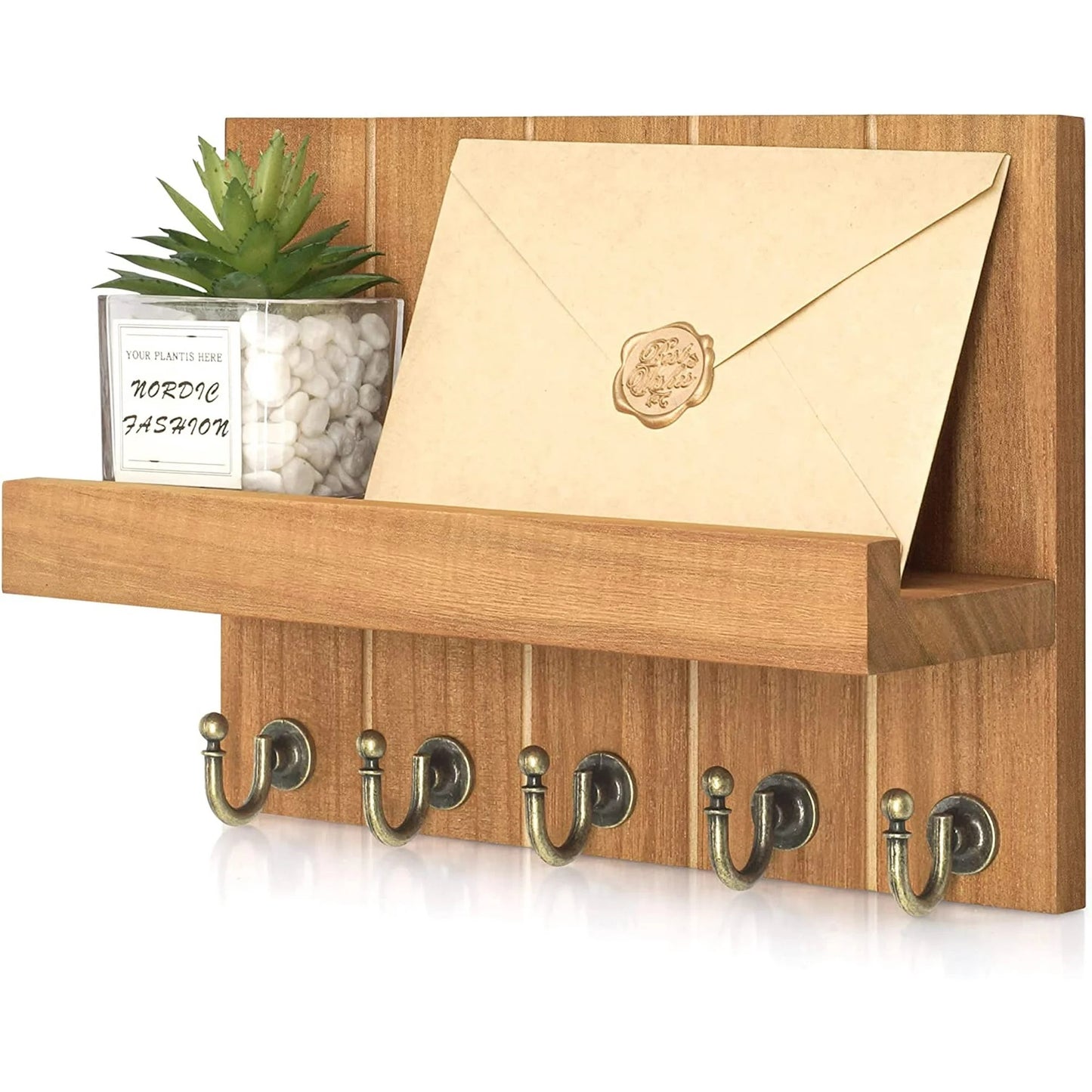 Key Holder for Wall, Domaci Mail Organizer Wall Mount with 5 Key Hooks and Mail Holder, Key Rack Suitable for Entryway, Hallway, Bedroom, Living Room and Office, Brown