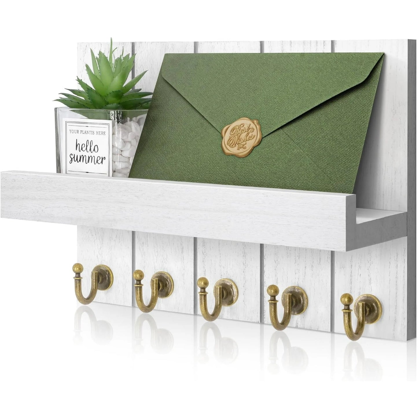 Key Holder for Wall, Domaci Mail Organizer Wall Mount with 5 Key Hooks and Mail Holder, Key Rack Suitable for Entryway, Hallway, Bedroom, Living Room and Office, White