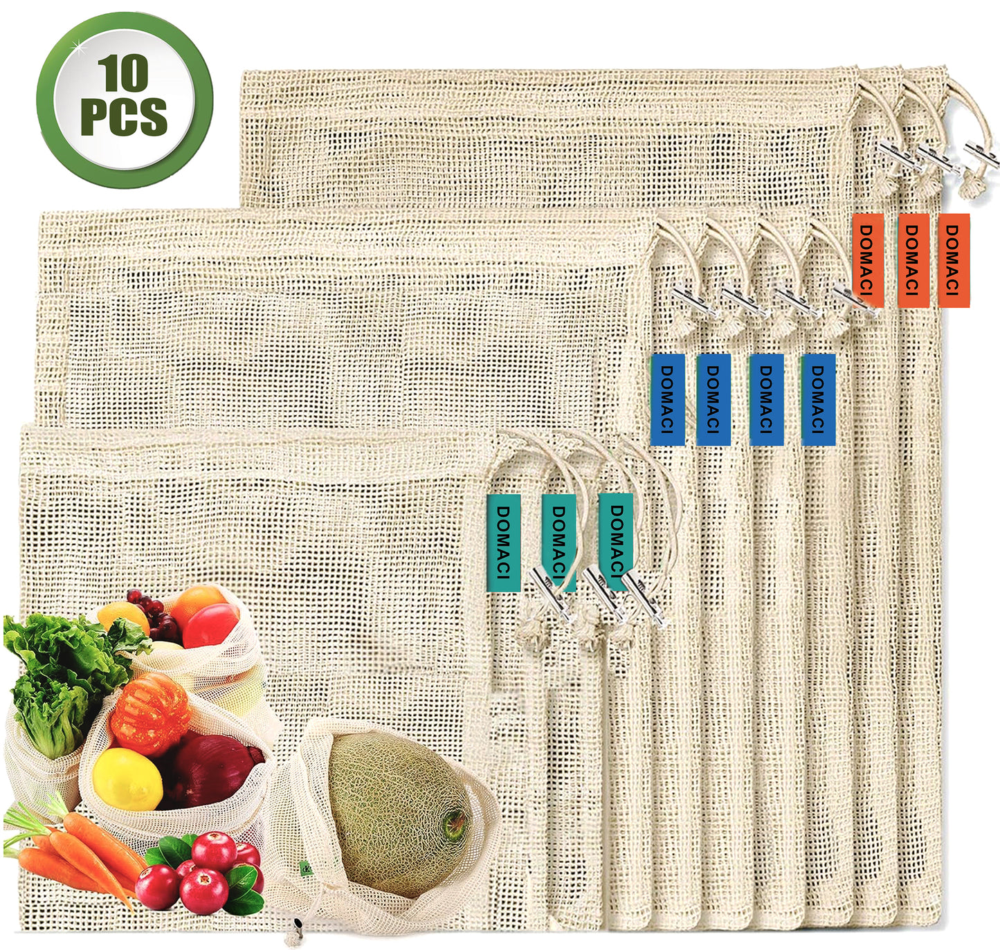 10 Pack Reusable Produce Bags, Mesh Produce Bags, Reusable Vegetable Produce Bags Cotton Washable for Grocery Fruits and Vegetable Shopping, Transporting Storing