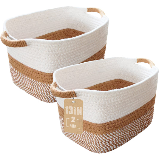 Cotton Rope Basket set of 2, 13"x10"x9" (19L) Rectangle Woven Baskets for Storage, Storage Basket for toys, Towel Baskets for Bathroom, Closet Organizer Bins Shelves Organizer, Decorative Basket