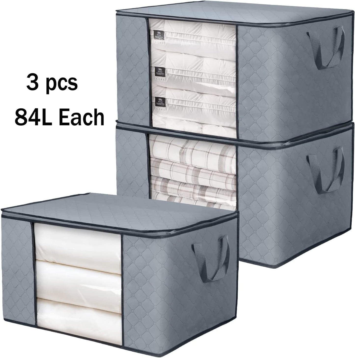 Clothes Storage, 3 Pack 84L Large Clothes Storage Bags, Foldable Closet Organizer Storage Containers with Reinforced Handle, Clear Window, Sturdy Zippers, Gray