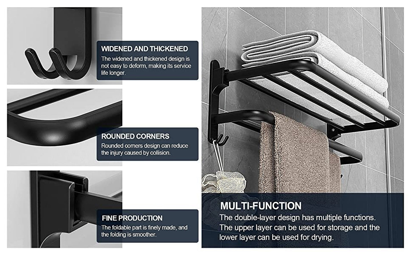 Bathroom Towel Rack Towel Shelf with Double Towel Bars Lavatory Wall Mount Holder with Hooks Stainless Steel Hotel Bath Rack (Matte Black 20 inches)