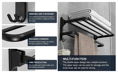 Bathroom Towel Rack Towel Shelf with Double Towel Bars Lavatory Wall Mount Holder with Hooks Stainless Steel Hotel Bath Rack (Matte Black 20 inches)