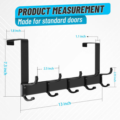 Over The Door Hooks for Hanging,Heavy Duty Hanger Holder for Hanging with 5 Dual Hooks,Over The Door Hanger Hook, Black Over the Door Towel Rack Fits 1-3/4" Thick Door