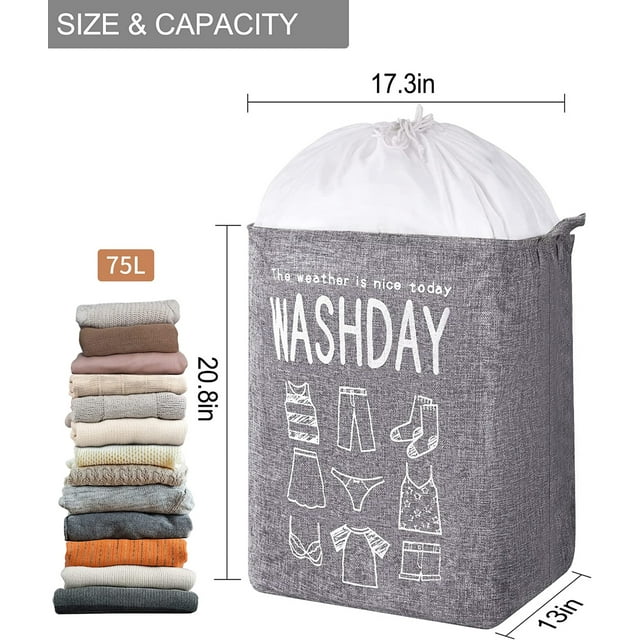 75L Freestanding Large Laundry Basket with Lid, Collapsible Large Drawstring Clothes Hamper Storage with Handle, Dinosam Storage Basket for Bathroom,Gray