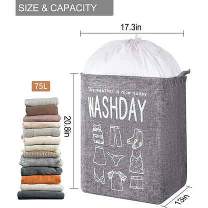 75L Freestanding Large Laundry Basket with Lid, Collapsible Large Drawstring Clothes Hamper Storage with Handle, Dinosam Storage Basket for Bathroom,Gray