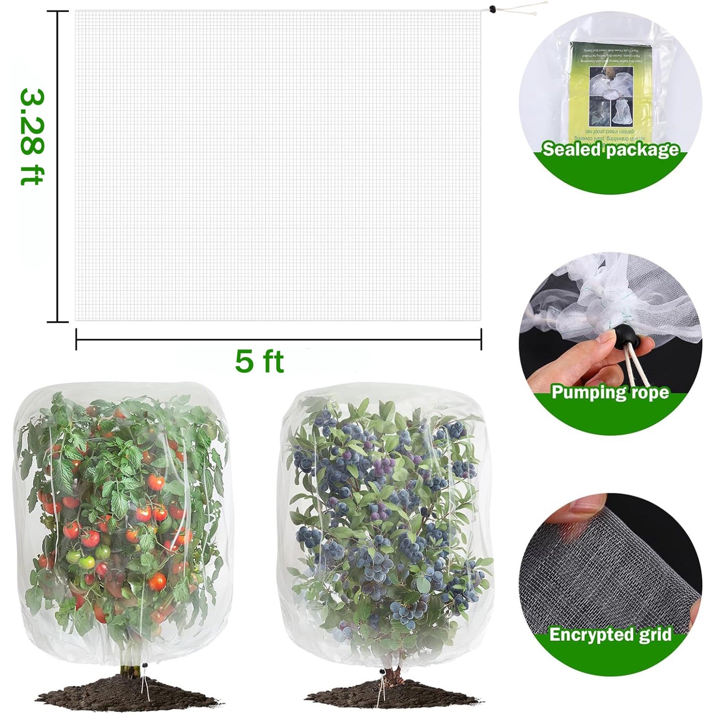 2 PCS Bird Netting, 3.28 x 5 ft Large Fruits Tree Netting,Garden Netting Plant Cover with Drawstring Transparent Bird Plant Barrier Flower Fruits Mesh Screen for Preventing Deer Squirrel