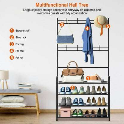 Coat Rack,Hall Tree with Bench and Shoe Storage for Entryway Bench,Coat Tree with 4-Tier Shoe Rack Organizer, 8 Removable Hooks, Black