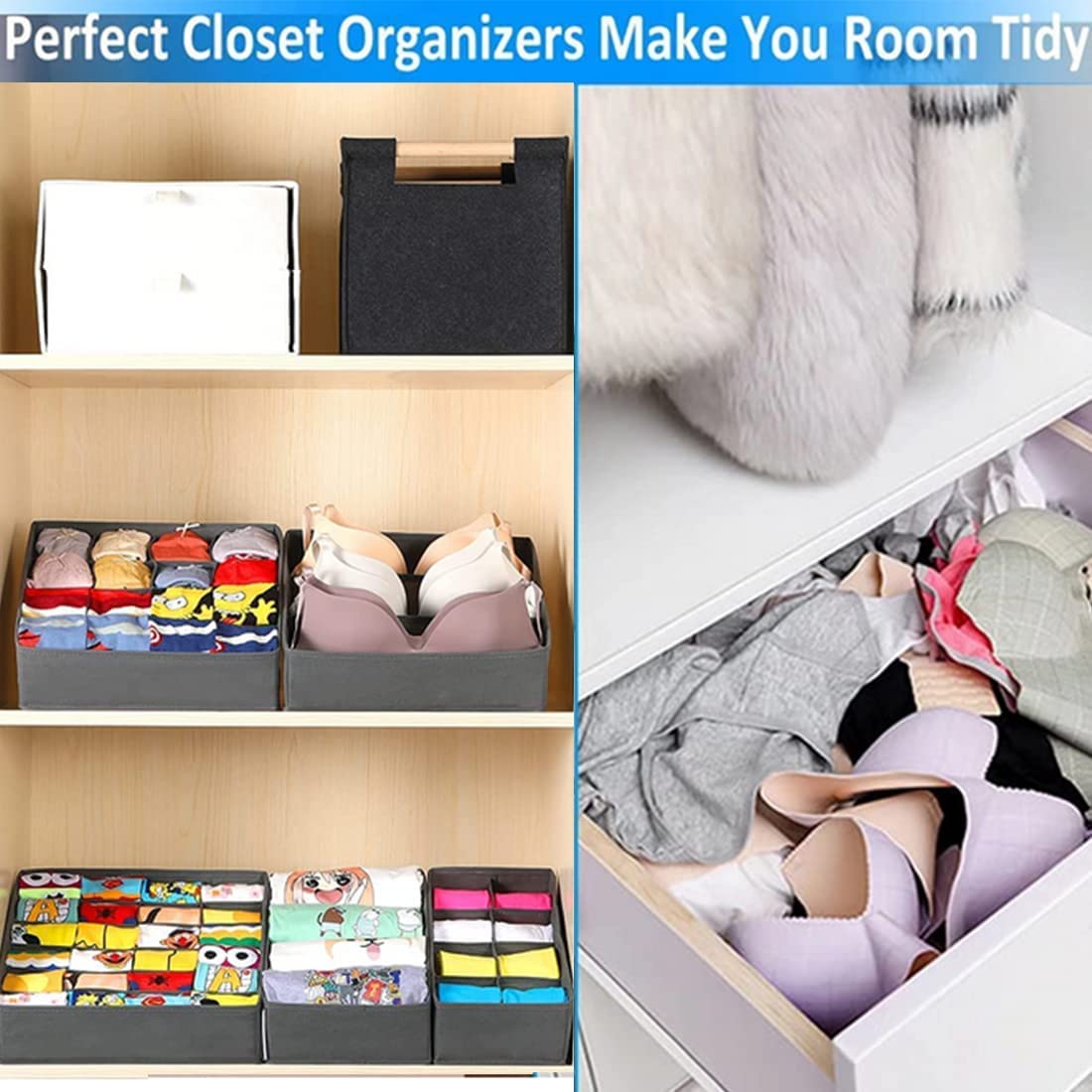 4 Pack Underwear Drawer Organizer for Clothes,Dinosam Closet Organizers and Storage Foldable Clothes Organizers Underwear Organizer Drawer Divider for Clothing, Shoes, Underwear, Bra, Socks and Ties
