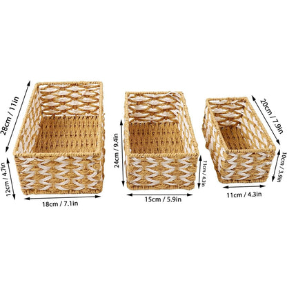 Wicker Basket Set of 3, Seagrass Storage Baskets for Shelves with Iron Wire Frame,Woven Baskets for Storage,Wicker Storage Basket for Bathroom, Bedroom, Laundry, Pantry, Shelves