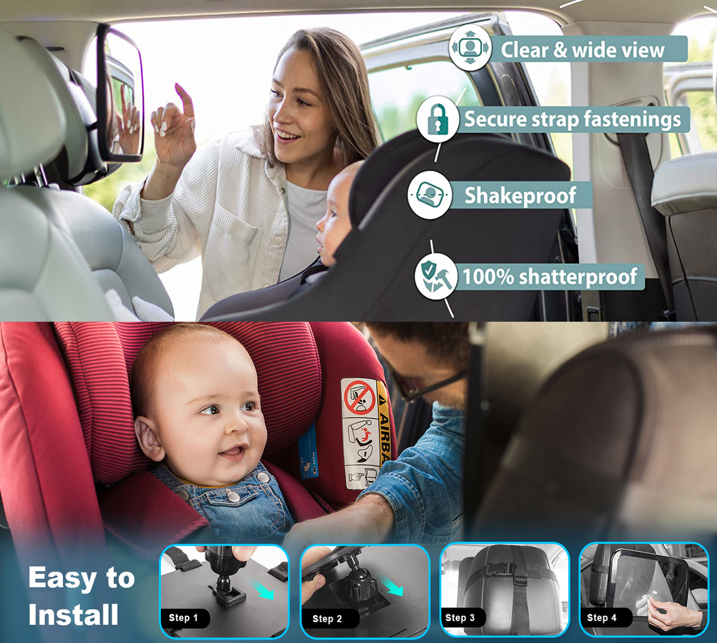 Baby Car Mirror,Shatterproof Baby Mirror for Car Seat Mirror for Rear Facing, Large Beckseat Safty Crash Tested Clear Wide View, 12 x 7.5", Black