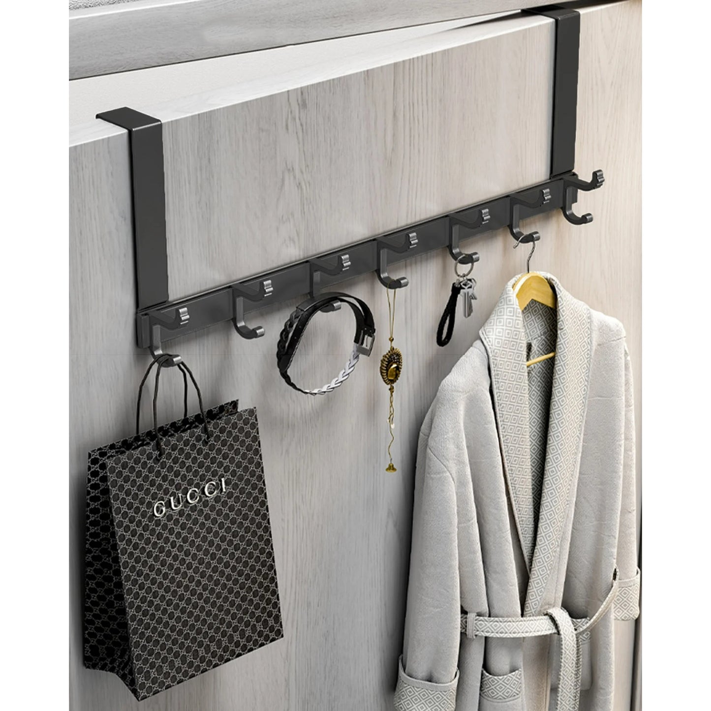 Over The Door Hooks for Hanging,Heavy Duty Hanger Holder for Hanging with 5 Dual Hooks,Over The Door Hanger Hook, Black Over the Door Towel Rack Fits 1-3/4" Thick Door
