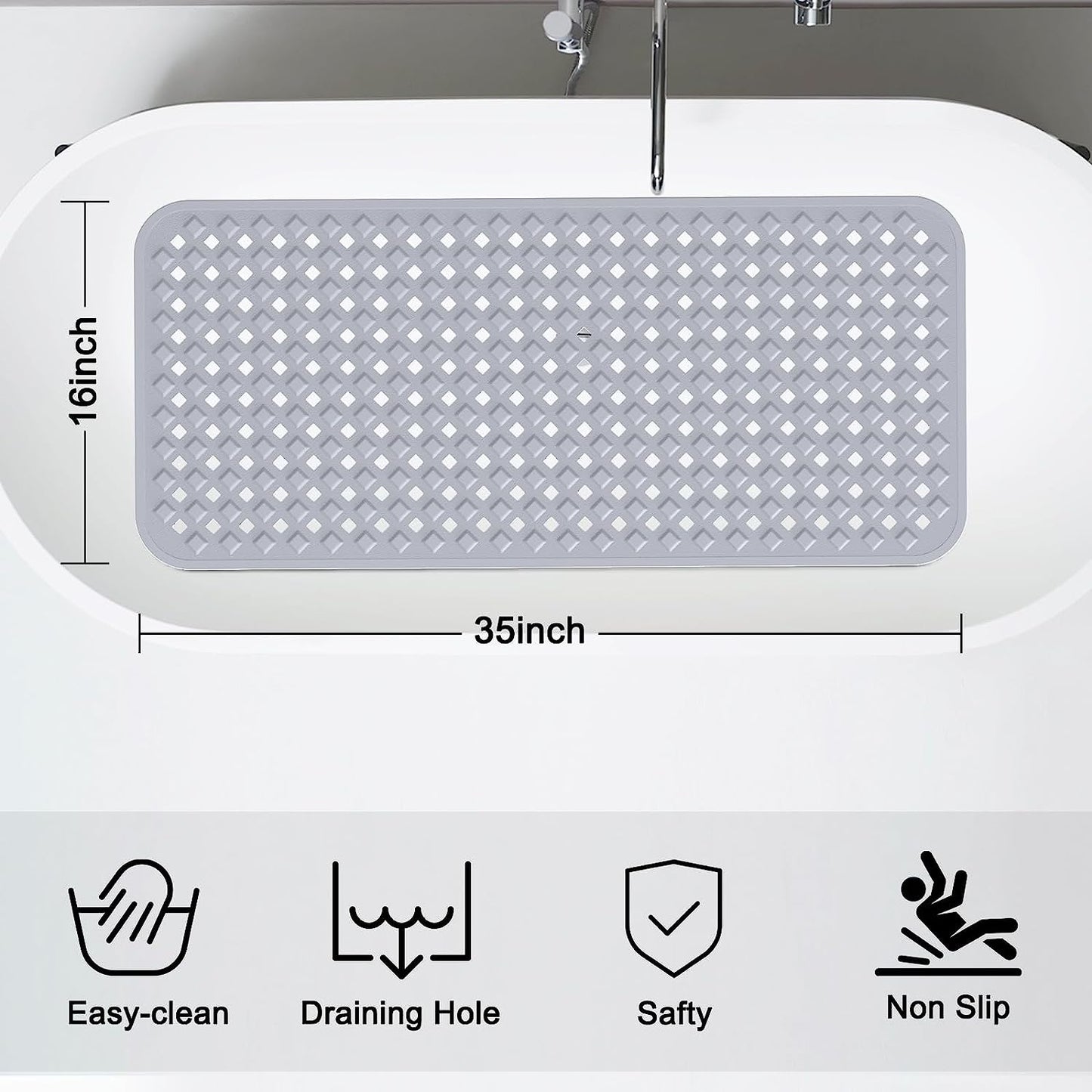 Bath Tub Mat Bath Mat for Tub Shower Mat Dinosam Bathtub Mat Non Slip 16 x 35 Extra Long Rubber Bath Mat, Suction Cups, Drain Holes, Machine Washable Bathroom Mat,Gray