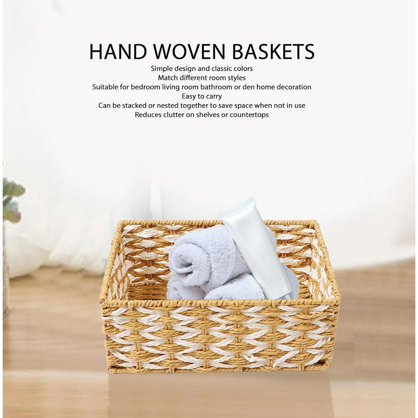 Wicker Basket Set of 3, Seagrass Storage Baskets for Shelves with Iron Wire Frame,Woven Baskets for Storage,Wicker Storage Basket for Bathroom, Bedroom, Laundry, Pantry, Shelves