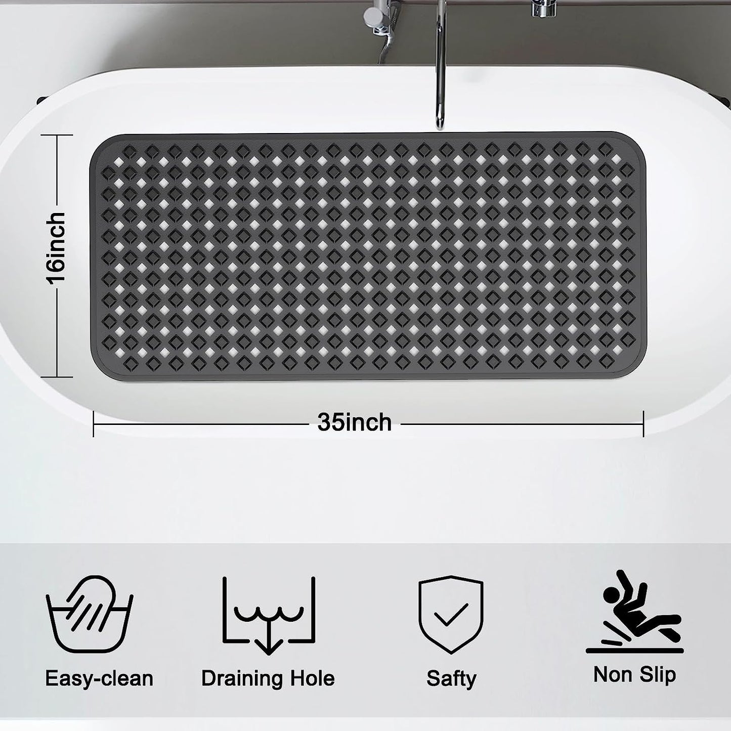 Bath Tub Mat Bath Mat for Tub Shower Mat Dinosam Bathtub Mat Non Slip 16 x 35 Extra Long Rubber Bath Mat, Suction Cups, Drain Holes, Machine Washable Bathroom Mat, Black