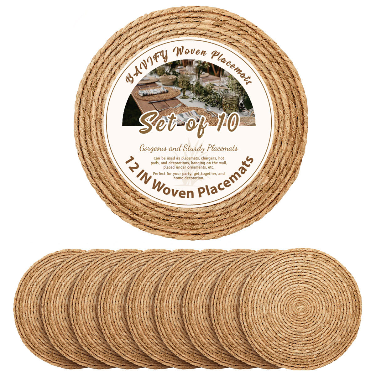 Round Woven Placemats Set of 10, 12 Inch Boho Farmhouse Rustic Woven Place Mats for Dining Table Decor, Rattan Wicker Table Mats Chargers for Dinner Plates