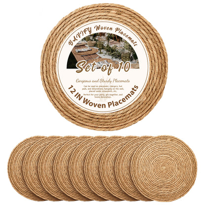 Round Woven Placemats Set of 10, 12 Inch Boho Farmhouse Rustic Woven Place Mats for Dining Table Decor, Rattan Wicker Table Mats Chargers for Dinner Plates